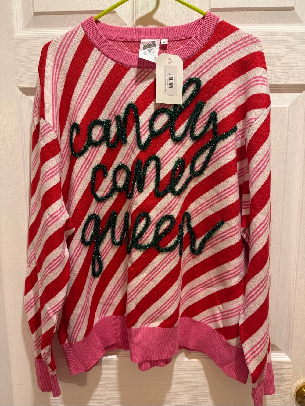 QUEEN OF SPARKLES Pink & Red Candy Stripe Crewneck Sweater